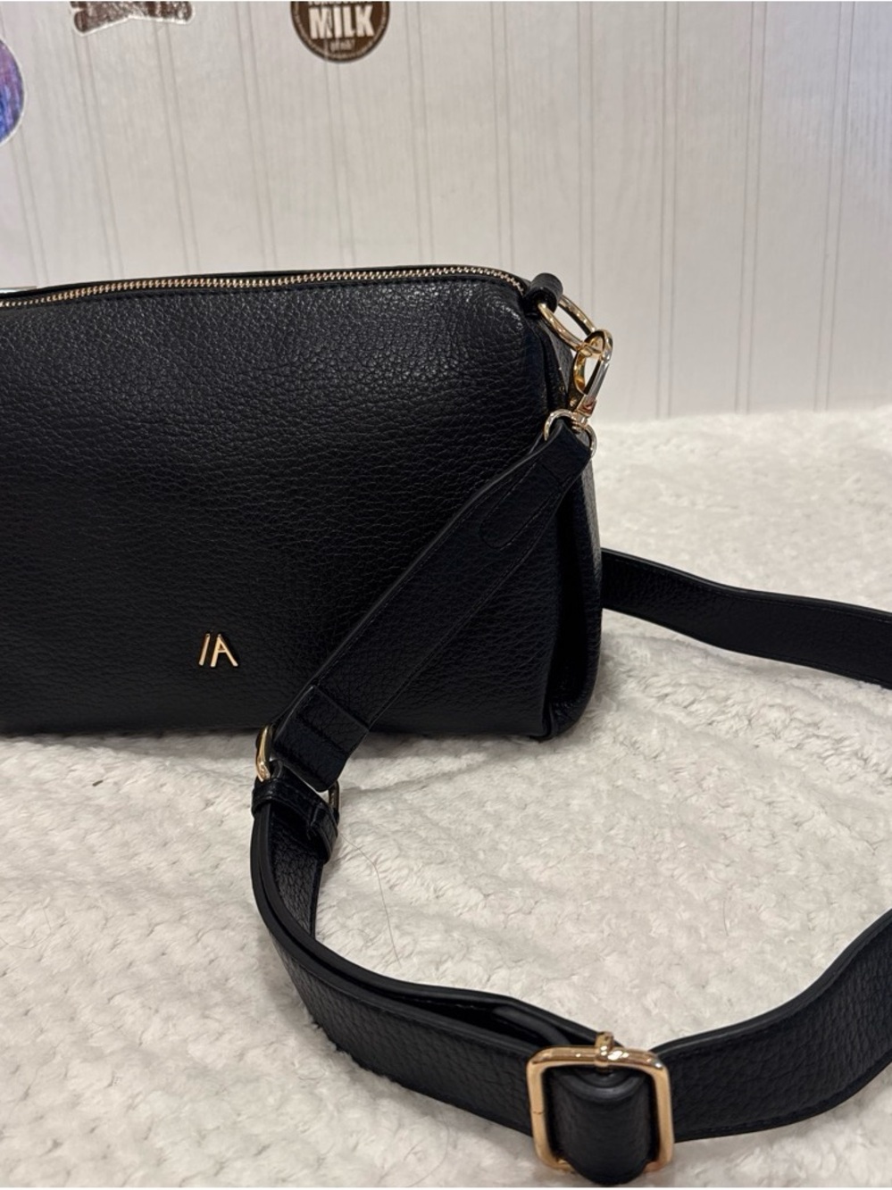 Izzy and Ali Black Pebbled Leather Crossbody with Gold Accents